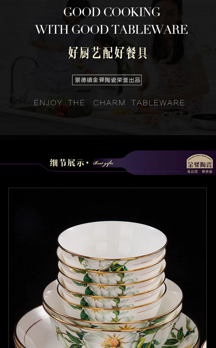 Fine Floral China Dinnerware Set – Porcelain Plates & Bowls, 28/60 Pcs Full Set