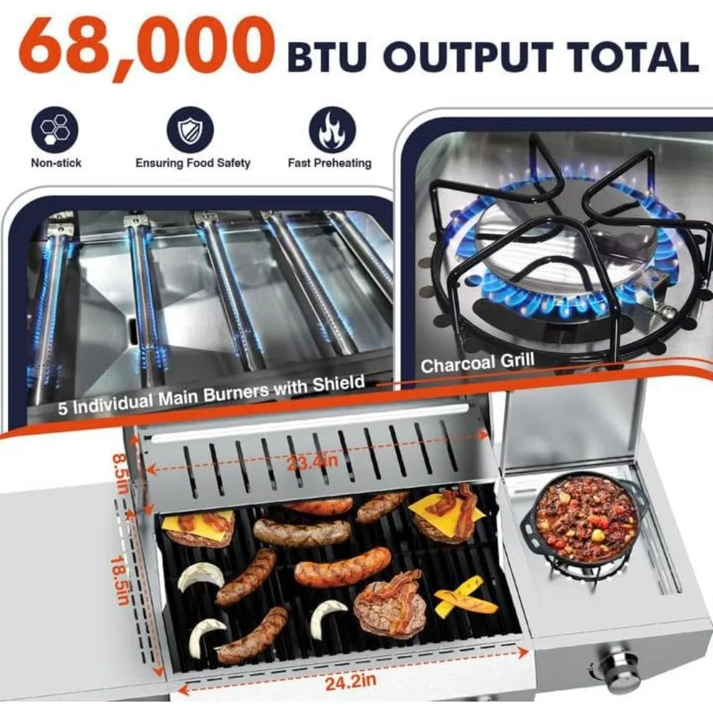 Llamaviva Propane Gas Grill – 5 Burners with Side Burner or 6 Burners, Stainless Steel BBQ Grill