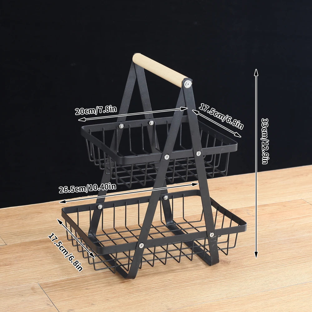 1pc Nordic Style Fruit & Snack Storage Basket – Wooden Handle, Double Deck Design