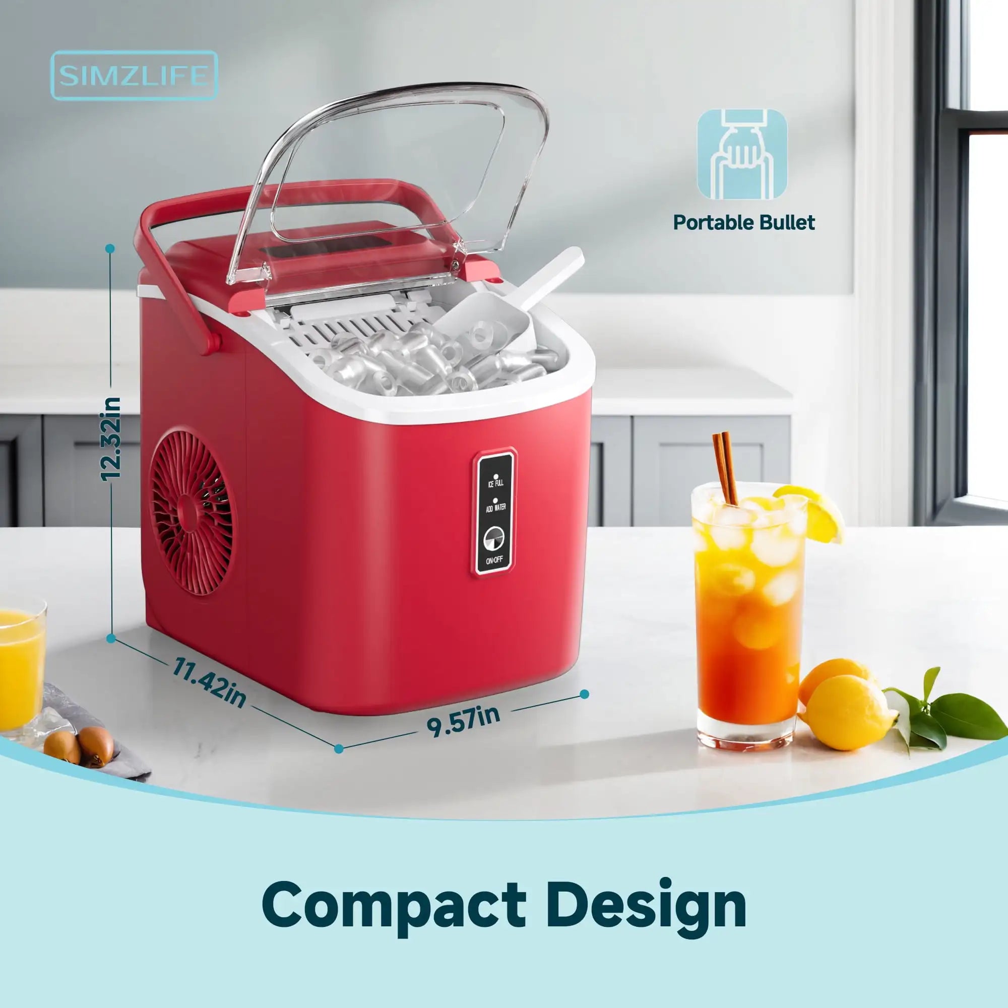 Simzlife Countertop Ice Maker with Handle – Portable Ice Machine with Basket & Scoop