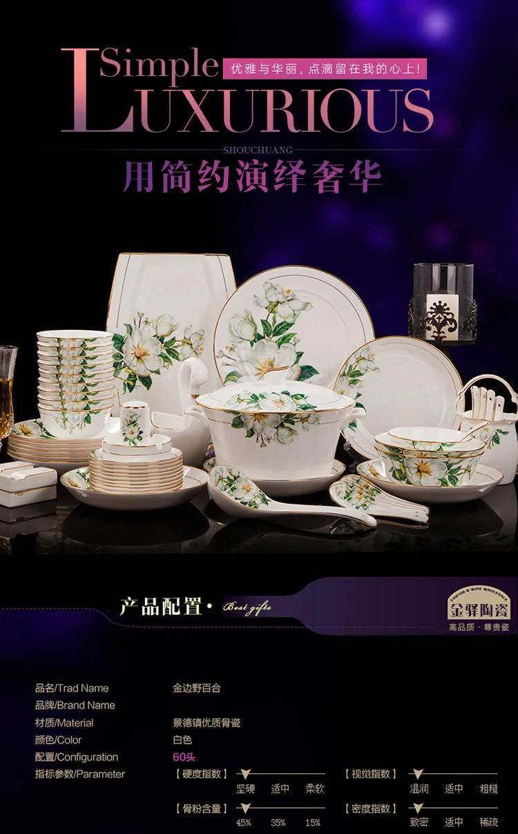 Fine Floral China Dinnerware Set – Porcelain Plates & Bowls, 28/60 Pcs Full Set