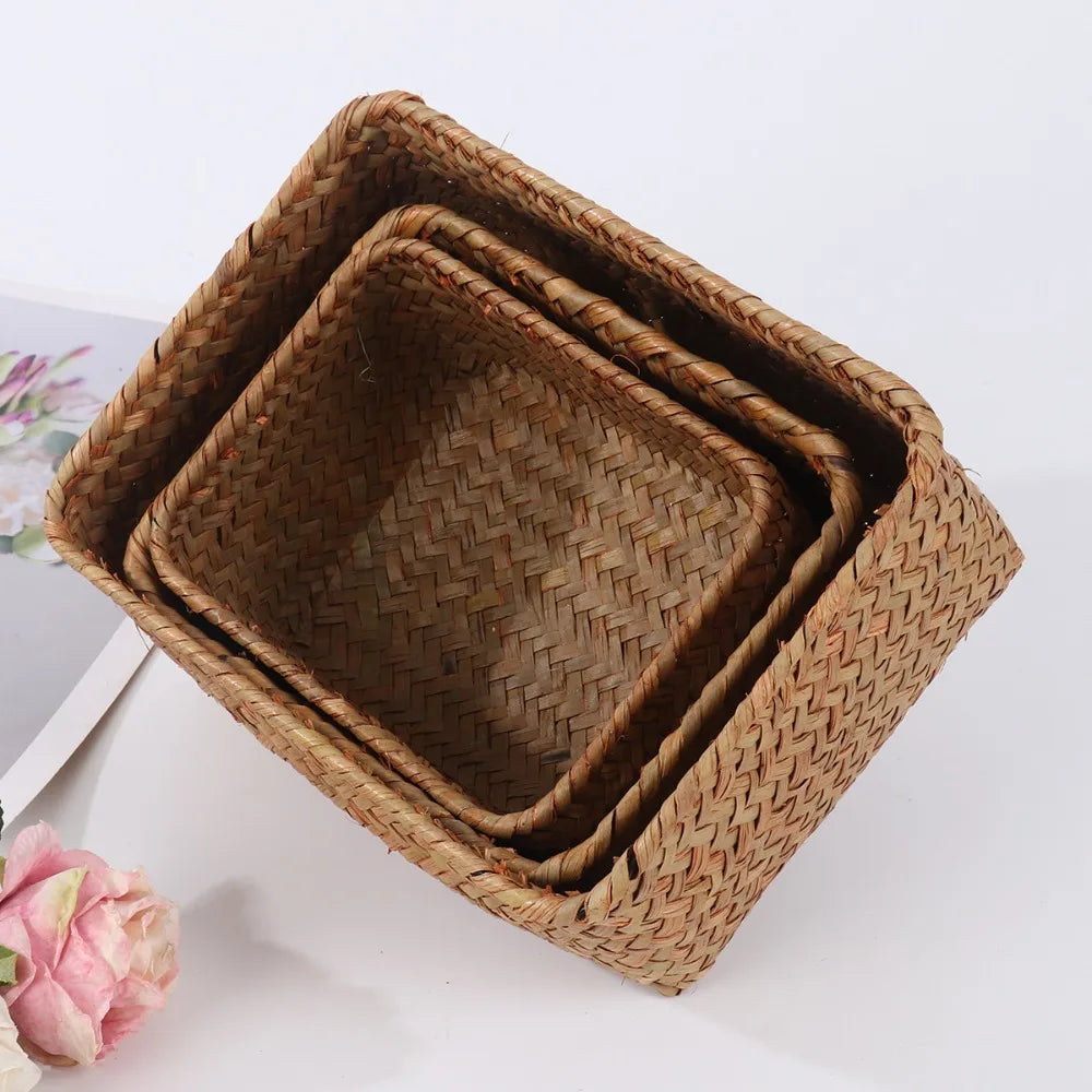 Natural Woven Seagrass Basket – Straw Rattan Organizer for Fruit, Picnic & Home Storage