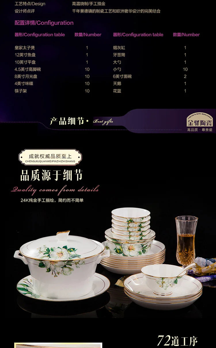 Fine Floral China Dinnerware Set – Porcelain Plates & Bowls, 28/60 Pcs Full Set