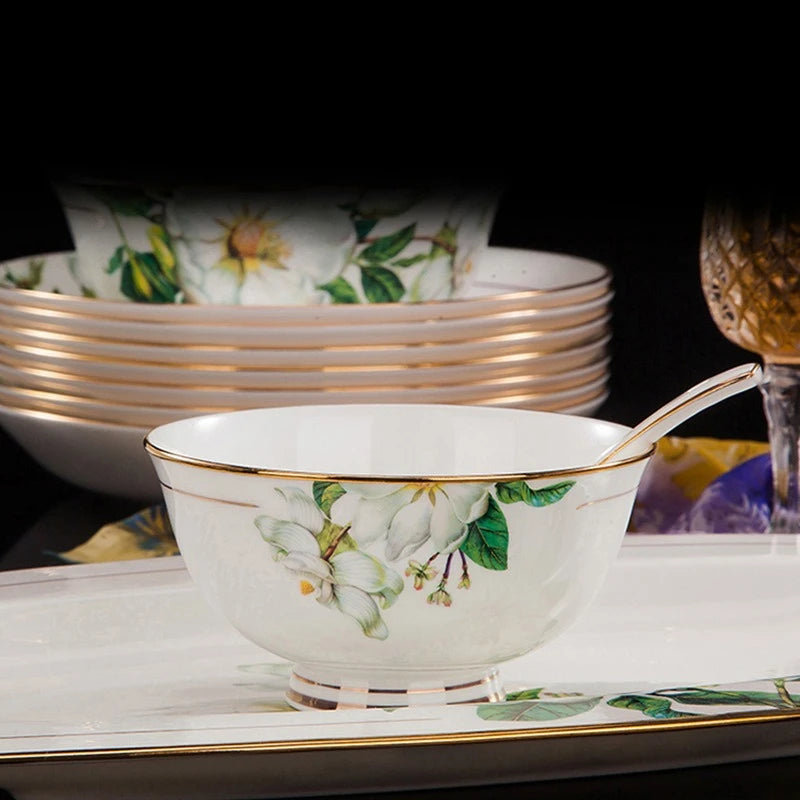 Fine Floral China Dinnerware Set – Porcelain Plates & Bowls, 28/60 Pcs Full Set