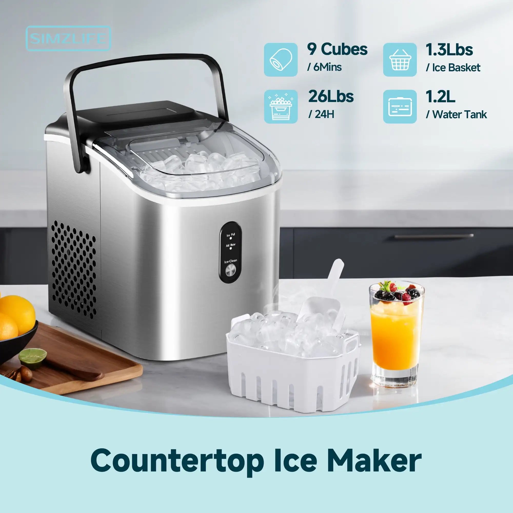 Simzlife Countertop Ice Maker with Handle – Portable Ice Machine with Basket & Scoop