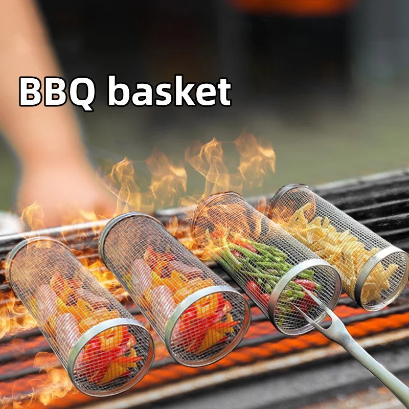 Outdoor Barbecue Grill Grate – Rolling Grill Basket for Camping & Picnic