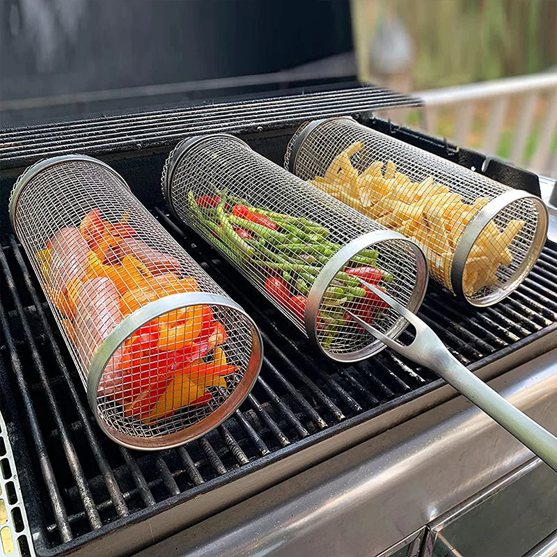 Outdoor Barbecue Grill Grate – Rolling Grill Basket for Camping & Picnic