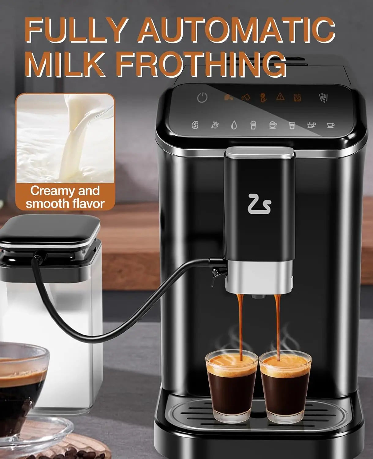 Fully Automatic Espresso Machine with Milk Frother Steam Wand Built-in Grinder Touch Screen Coffee Maker 7 Coffee Varieties