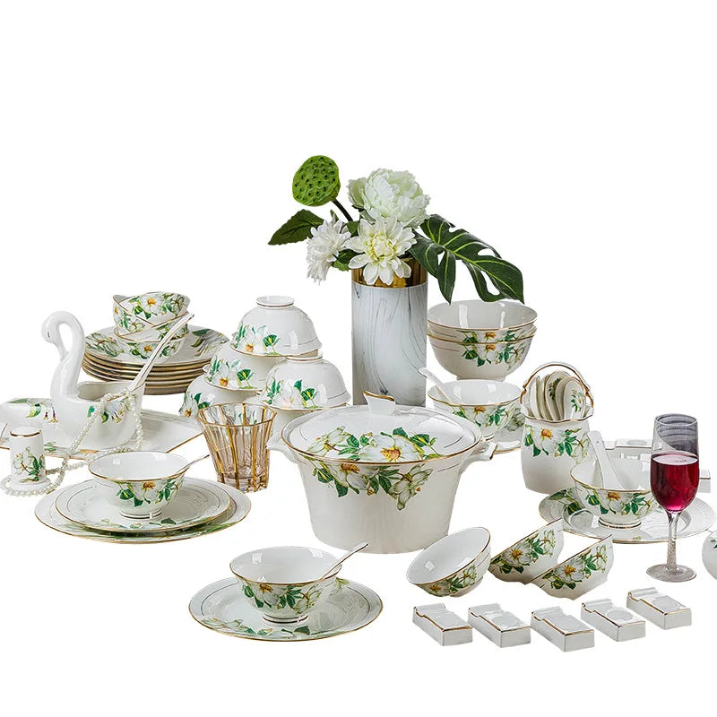 Fine Floral China Dinnerware Set – Porcelain Plates & Bowls, 28/60 Pcs Full Set