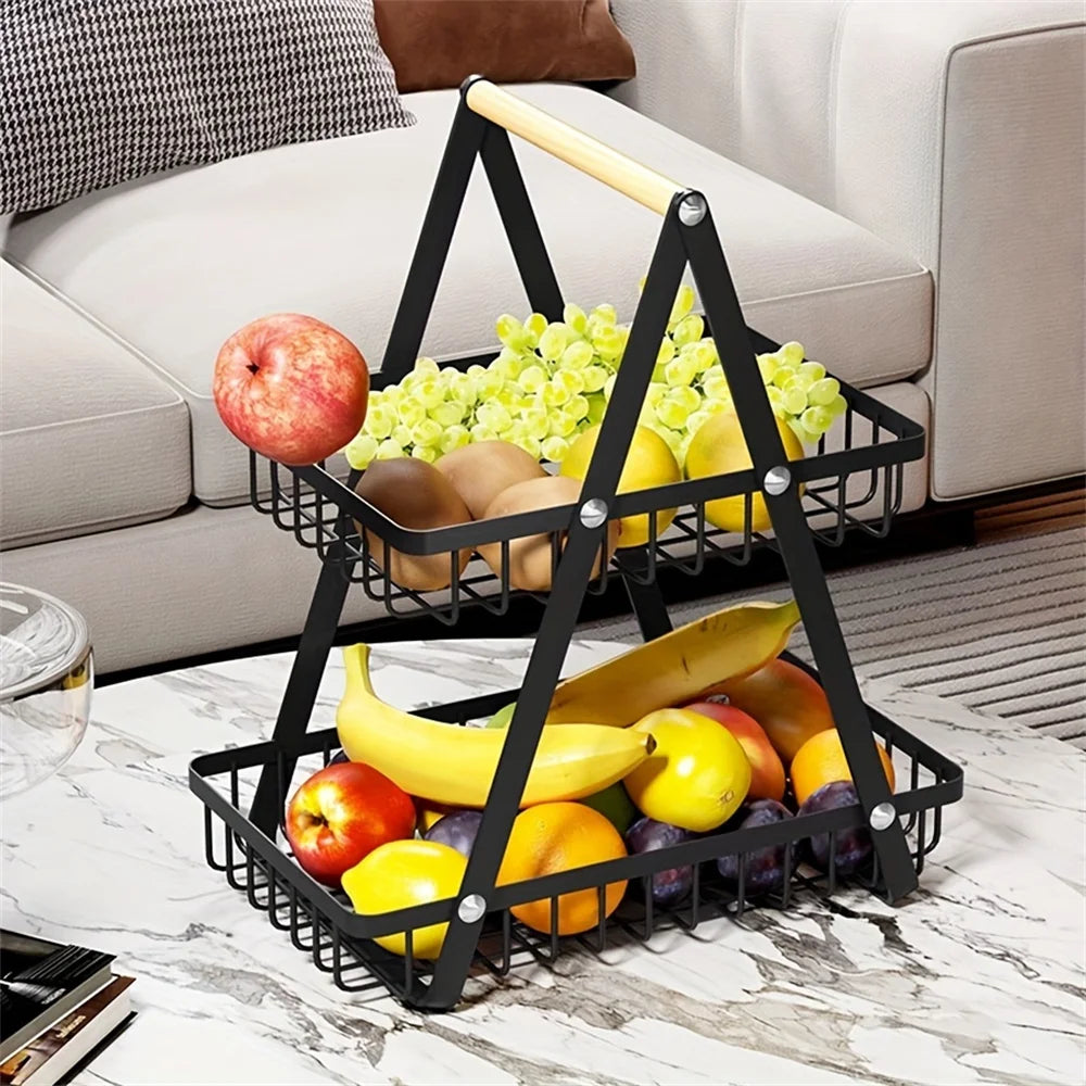 1pc Nordic Style Fruit & Snack Storage Basket – Wooden Handle, Double Deck Design