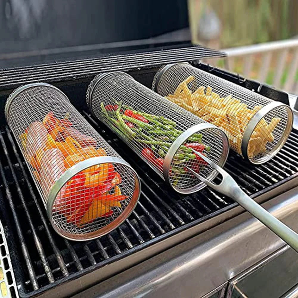 Outdoor Barbecue Grill Grate – Rolling Grill Basket for Camping & Picnic